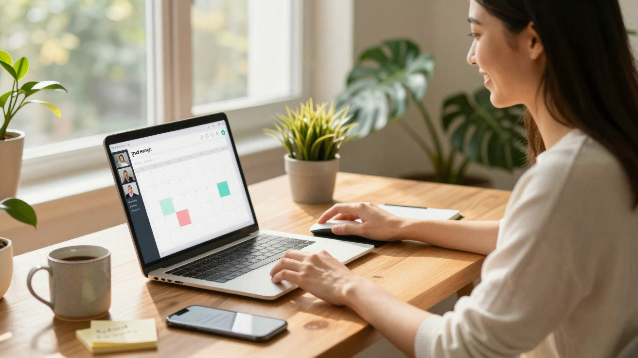 Woman sitting at desk using laptop showing online calendar with video call grid in bright room