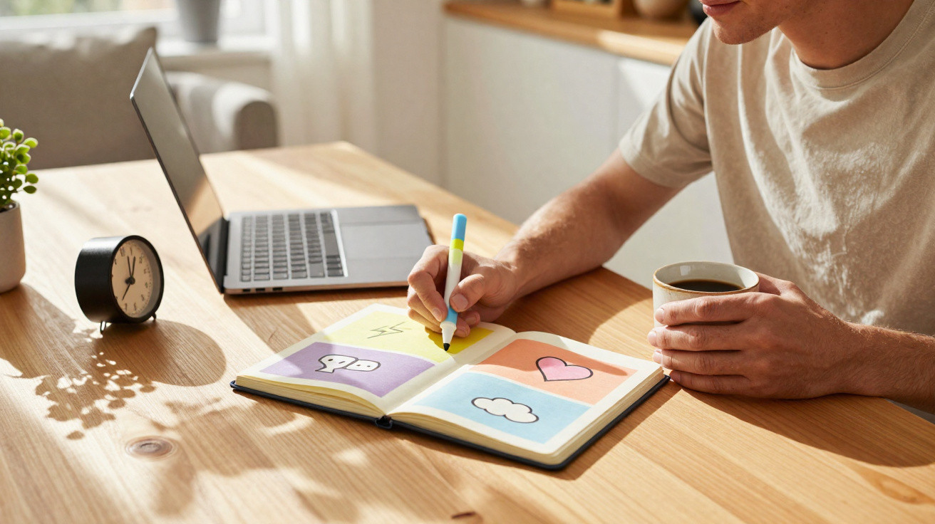 Person holding a coffee cup and writing with a marker in a colourful notebook beside a laptop on a wooden table.