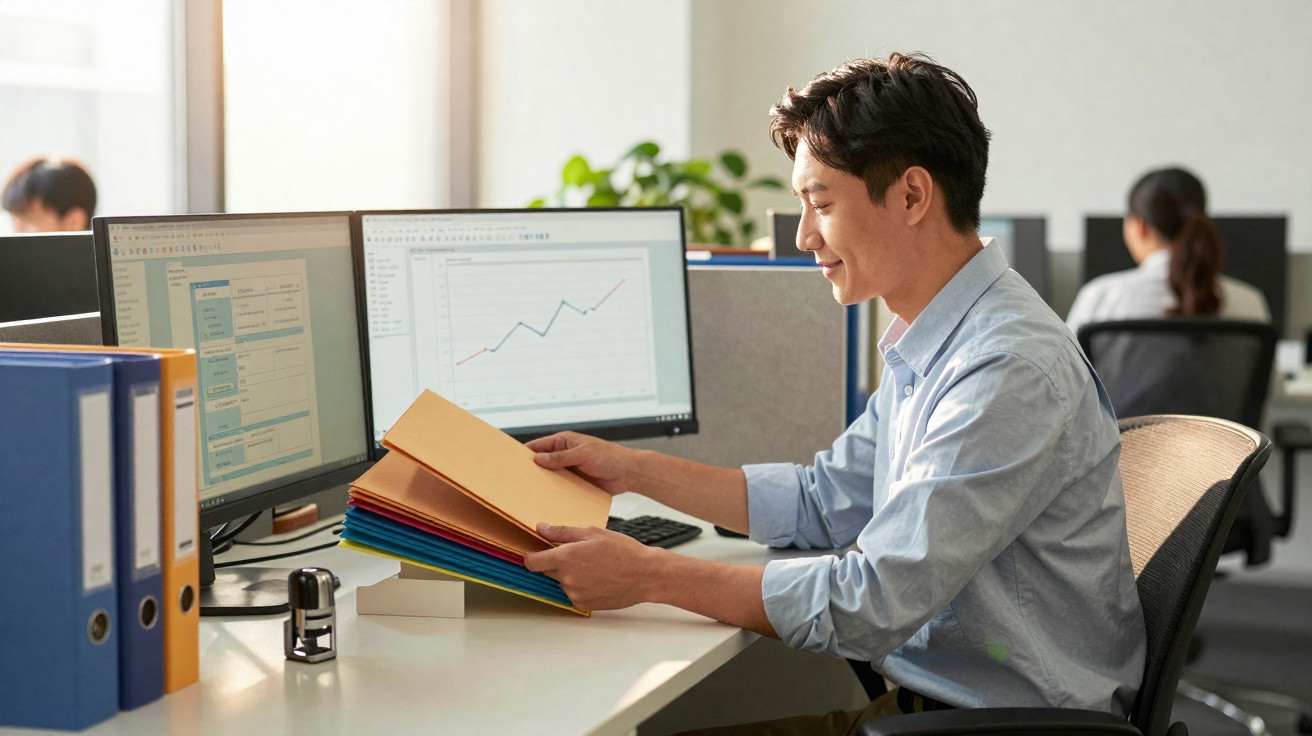 Man in office reading documents at desk with dual monitors showing charts and data