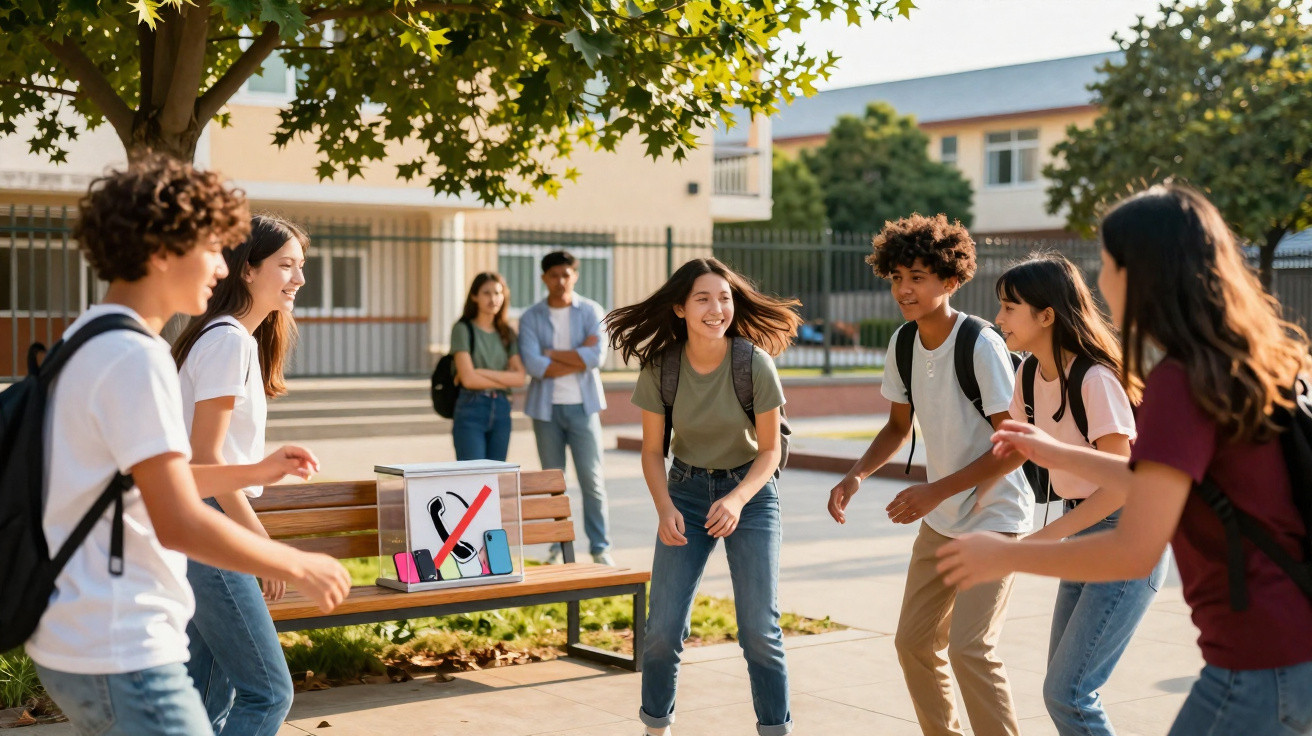 Group of teenage students playing outside near bench with a no-phone sign box at school courtyard.