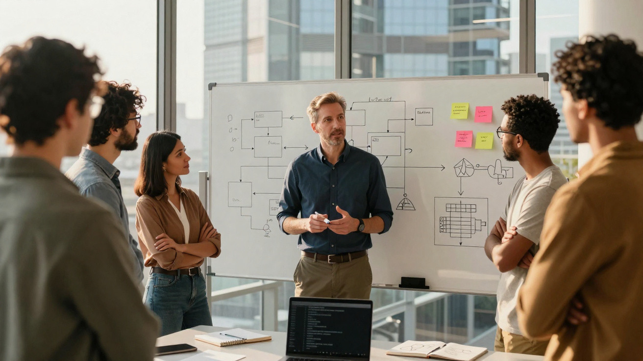 Business team listening to a man explaining a digital workflow on a whiteboard with sticky notes in an office.