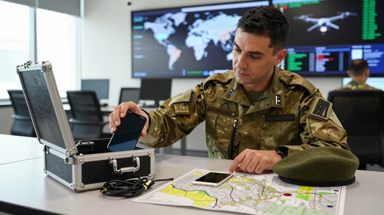 Military officer placing a device into a secure case with a map and beret on the table in a command centre.