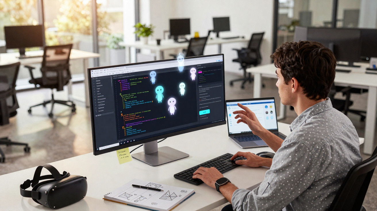 Man using computer with colourful coding and animated characters on screen in a modern office setting