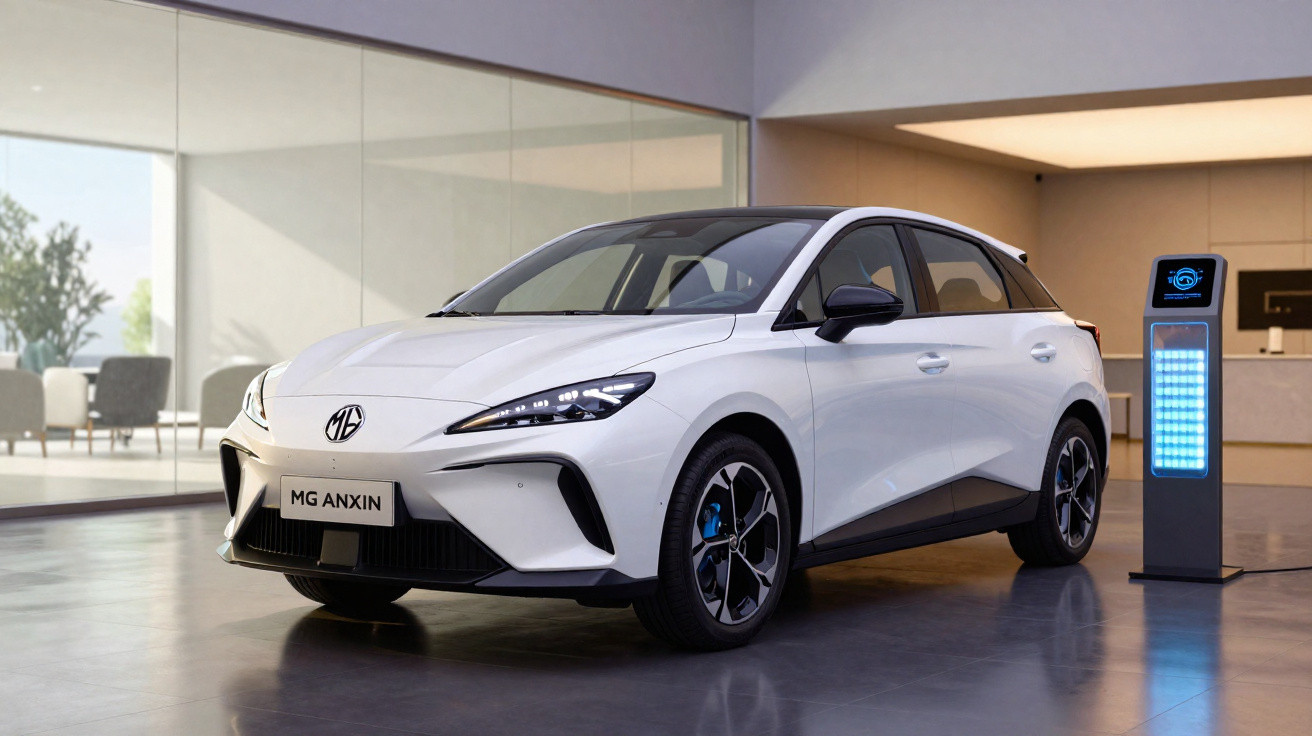 White MG Anxin electric car displayed indoors next to a sleek blue-lit charging station.