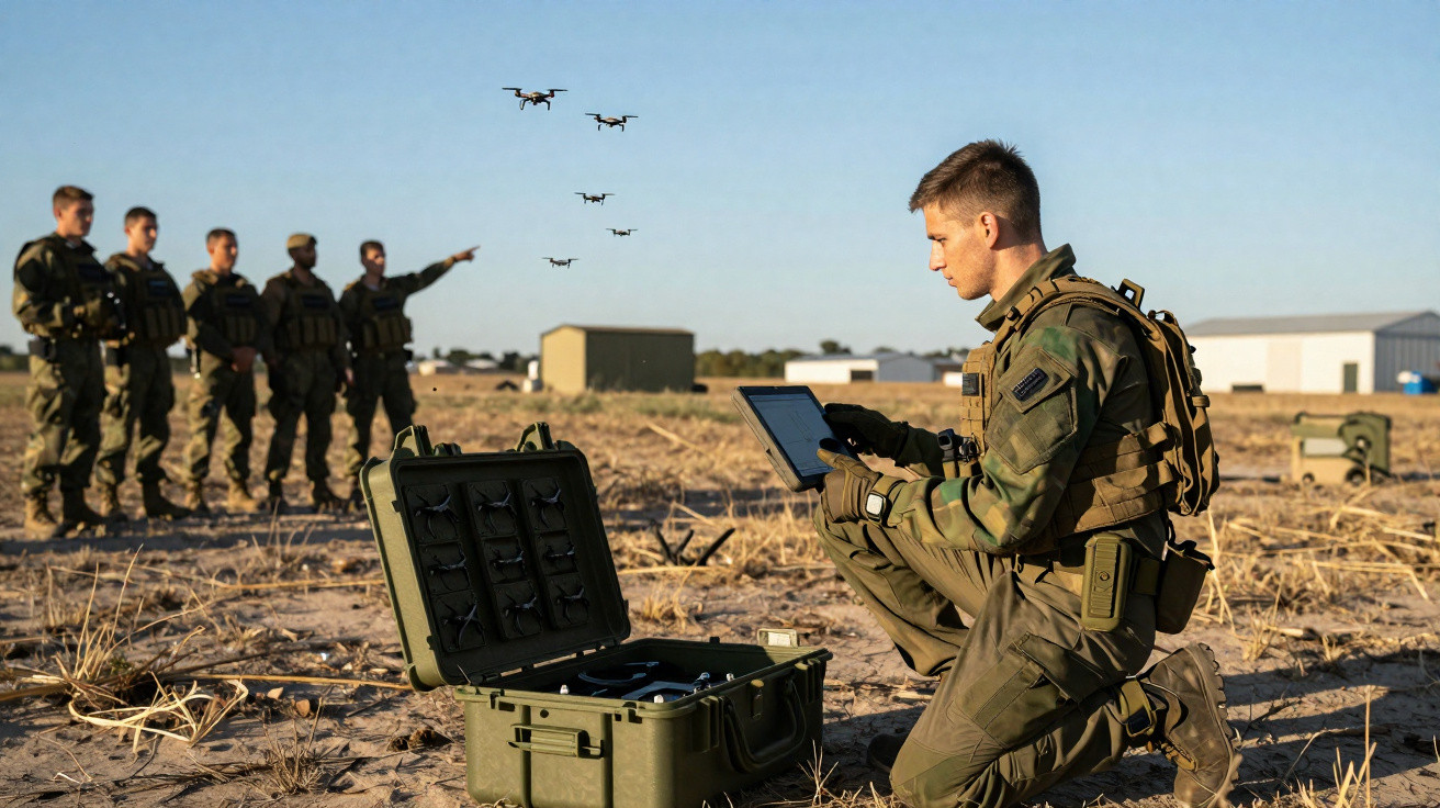 Soldier operating tablet to control drones flying near a group of soldiers in a dry field.