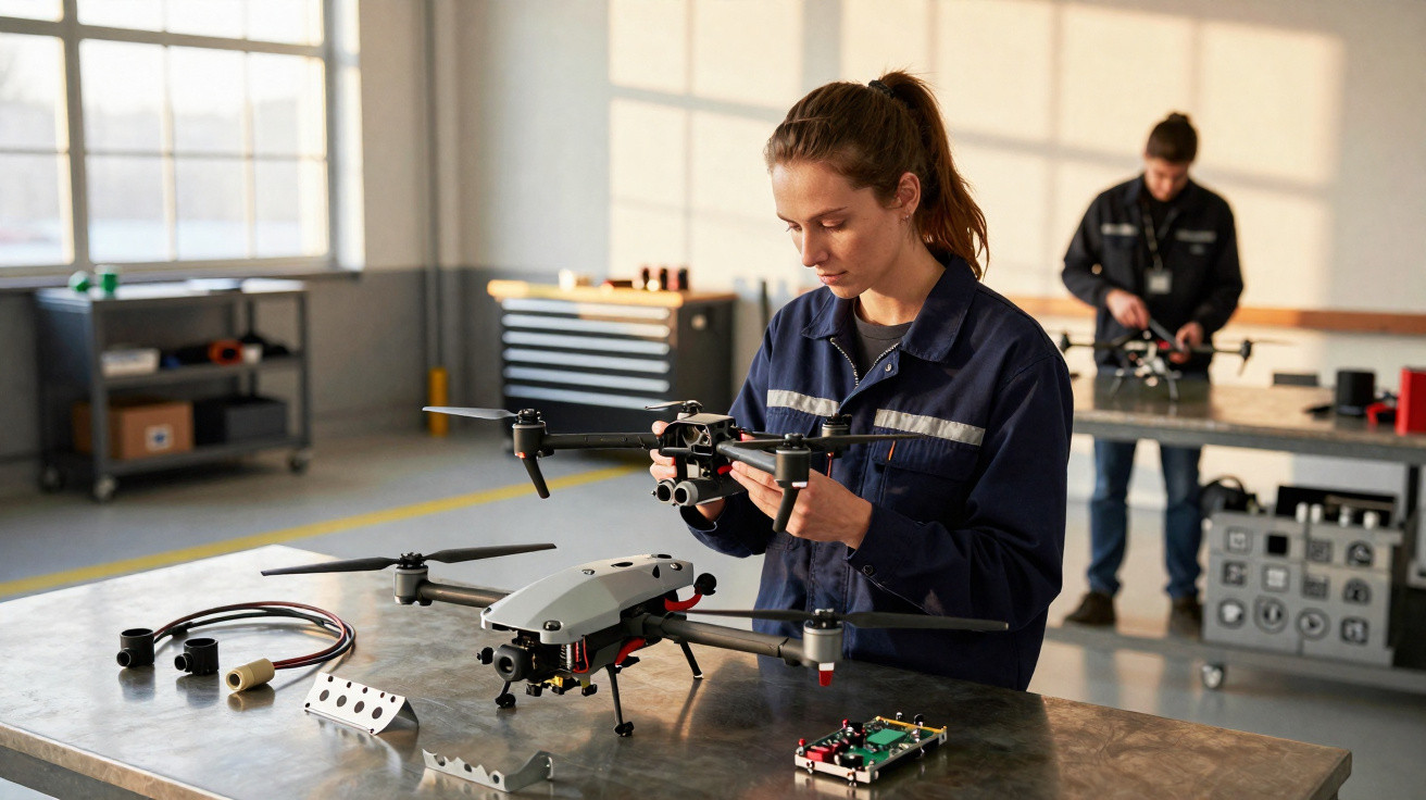 Two women in a workshop assembling and inspecting drones on metal tables with tools and parts nearby.