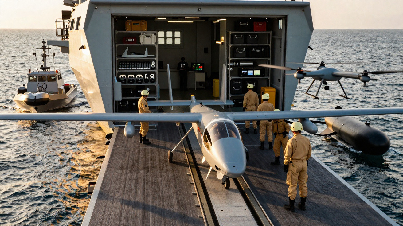 Military personnel in yellow suits prepare a drone aircraft on a naval ship deck with ocean in the background.