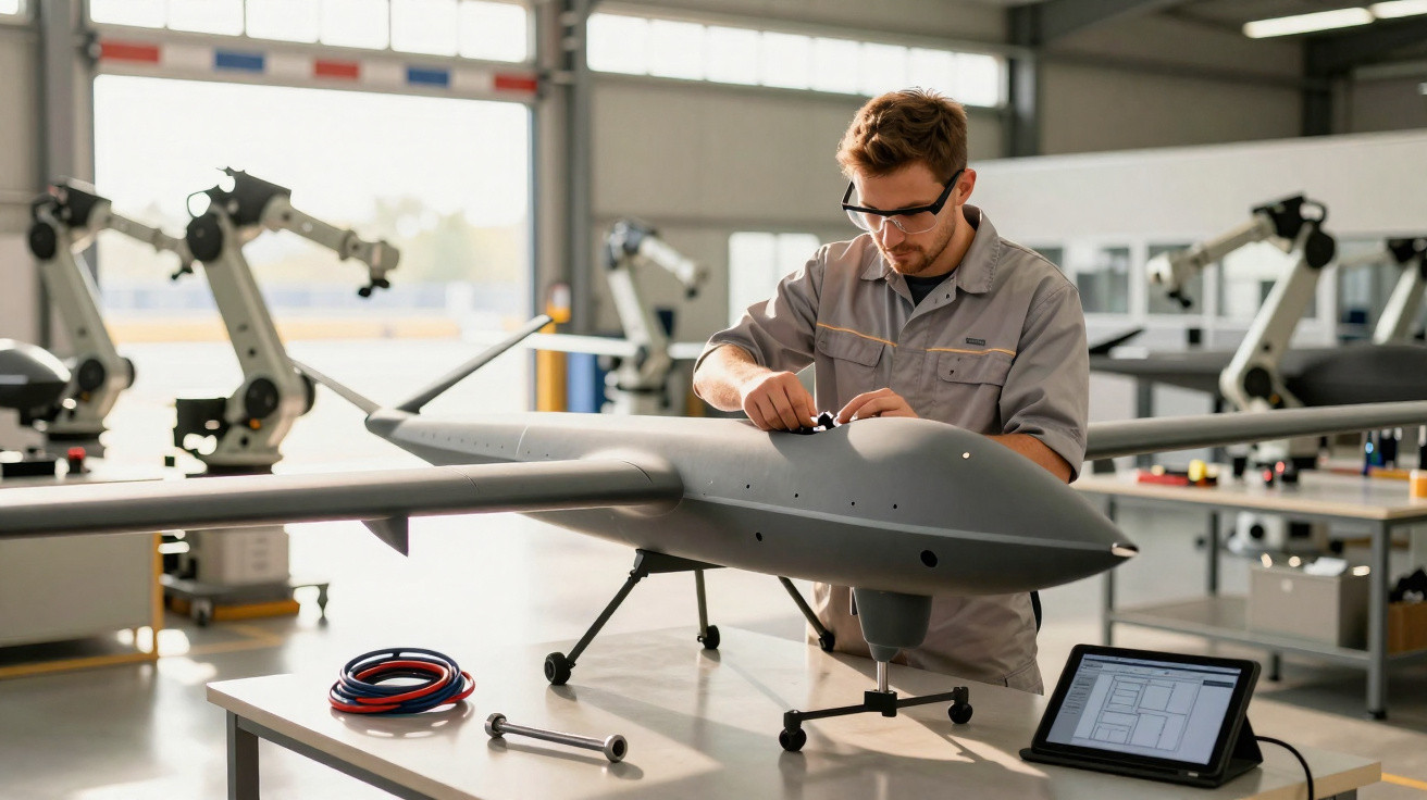 Engineer assembling a drone in a workshop with robotic arms and a tablet on the table.