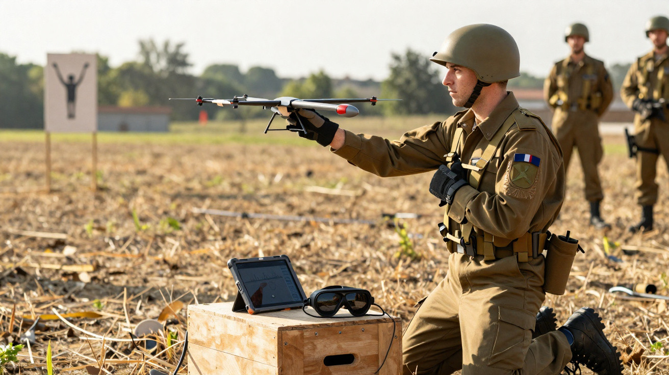 Soldier in uniform and helmet kneeling in a field holding a small drone with a tablet and goggles on a wooden crate nearby.