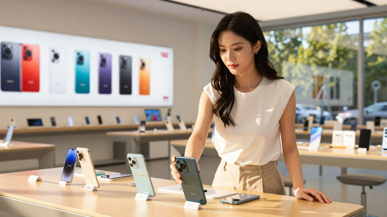 Woman trying out smartphones on display in a modern, brightly lit mobile phone store.