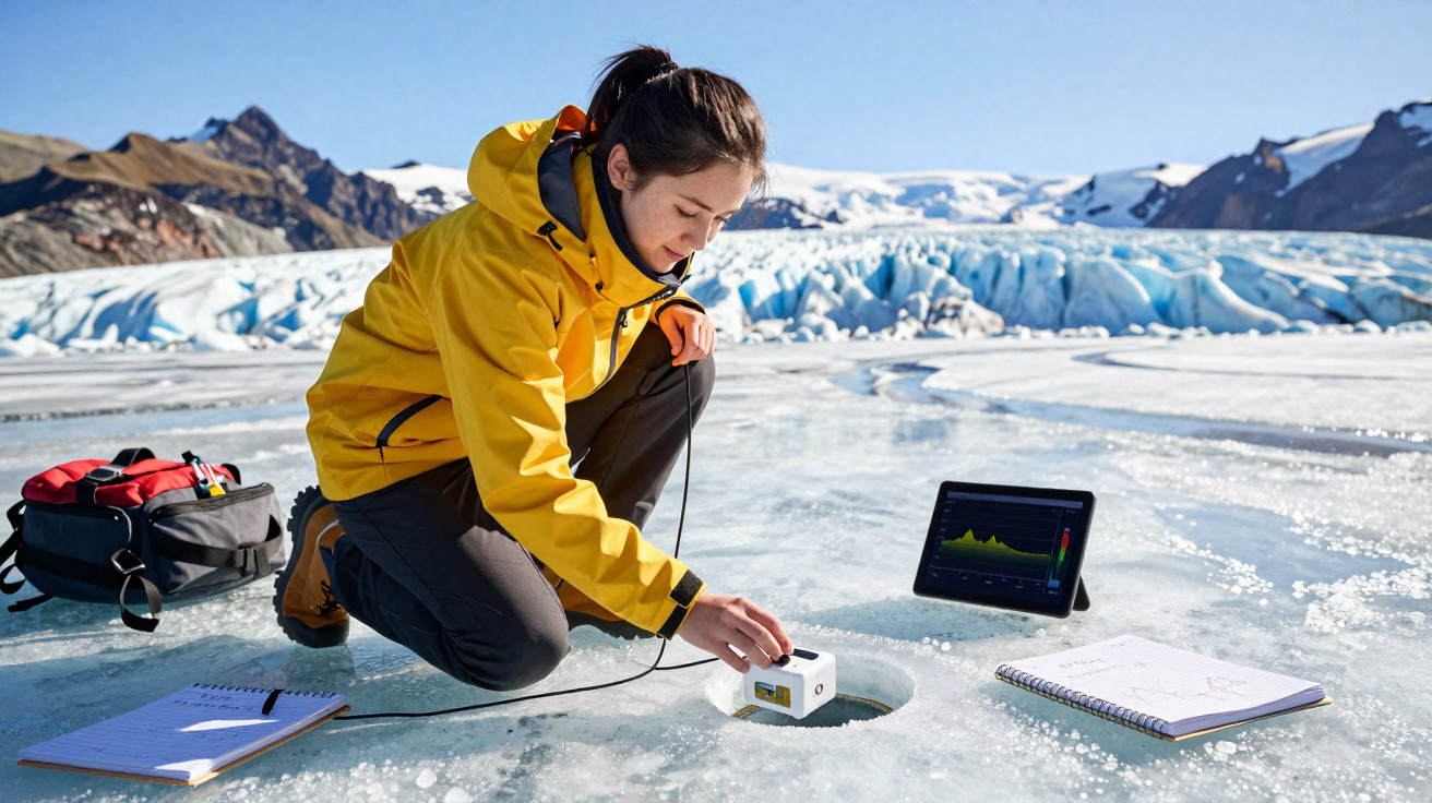 Woman in a yellow jacket conducting ice research on a glacier, using scientific equipment and a tablet.