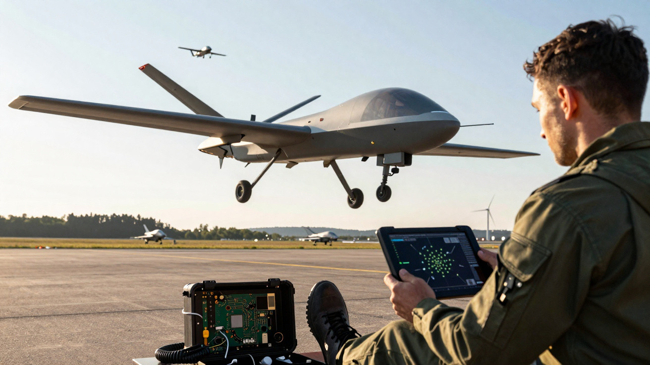 Military personnel operating a drone remotely on a tablet as the drone prepares to land on an airfield.