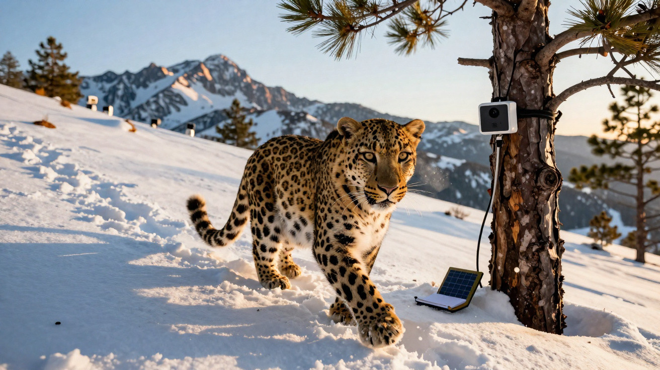 Leopard walking on snow near a tree-mounted camera and solar panel in a mountainous landscape at sunrise.
