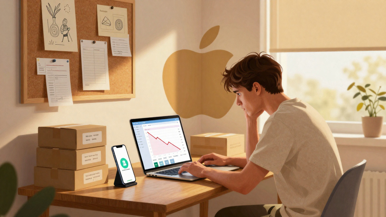 Young man working on laptop showing declining graph with smartphone on desk in a sunlit room with Apple logo.