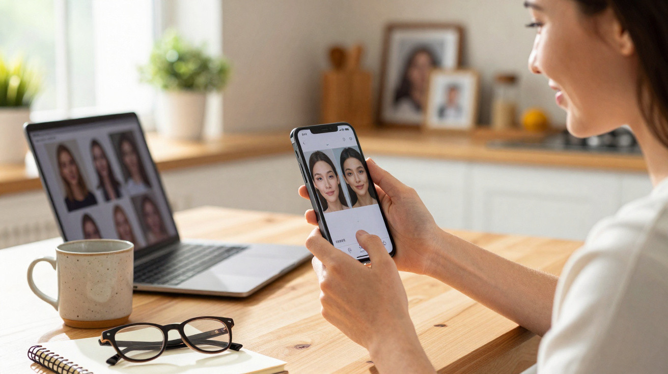 Person using a smartphone to compare photo filters with a laptop showing similar images in a bright, modern room.