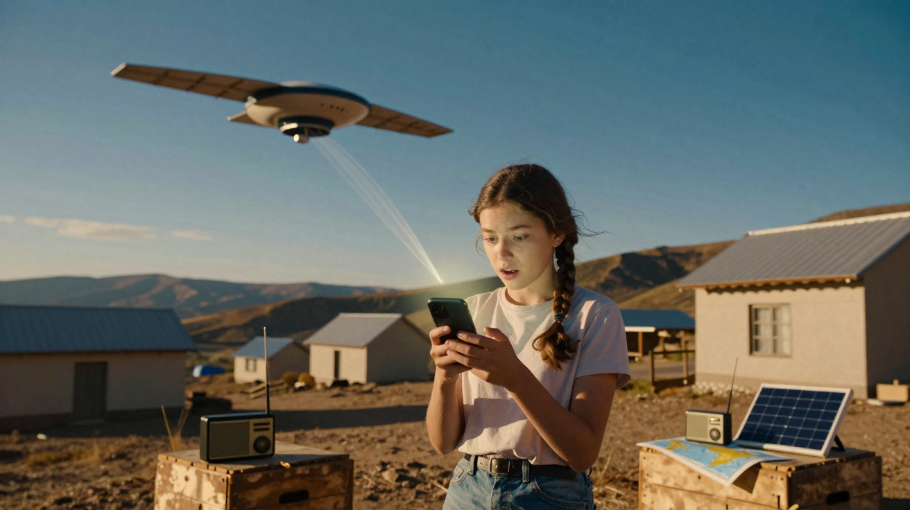 Young girl using smartphone with a small drone hovering nearby in a remote countryside setting.