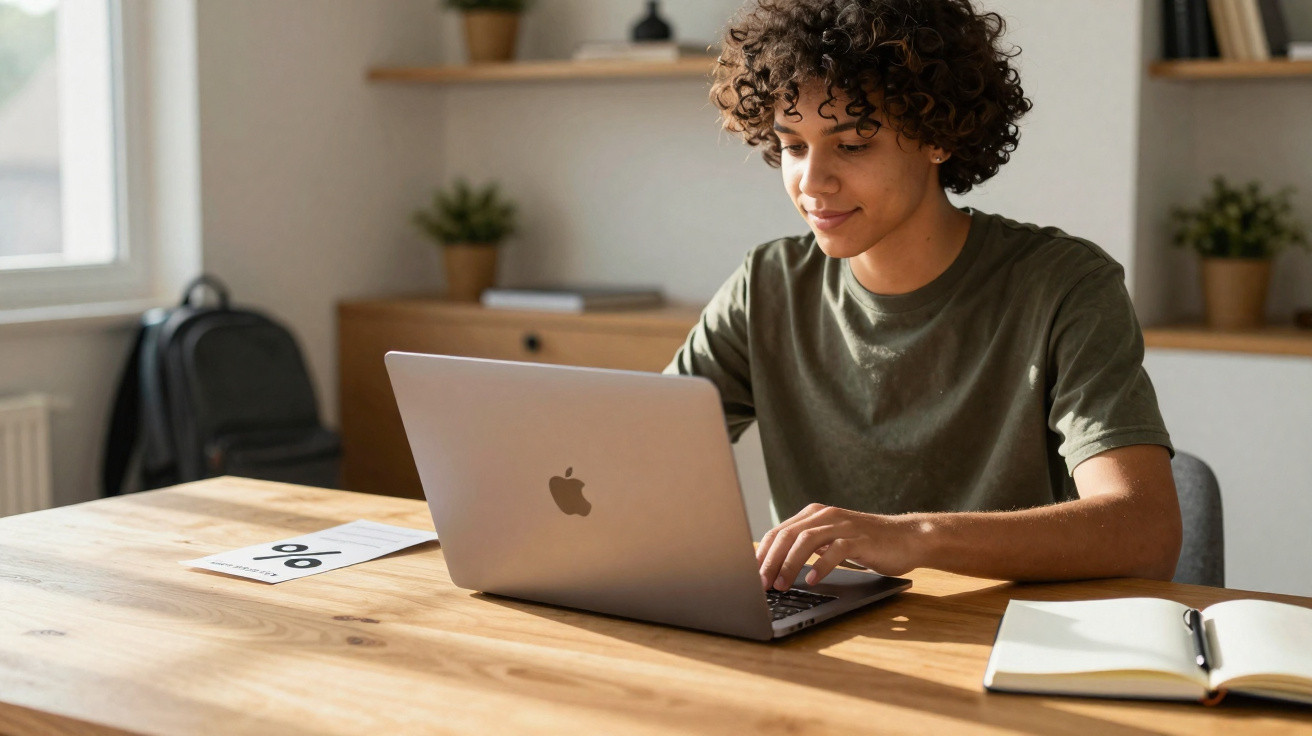 Young person with curly hair using a laptop at a wooden desk with notebook and papers in a bright room.