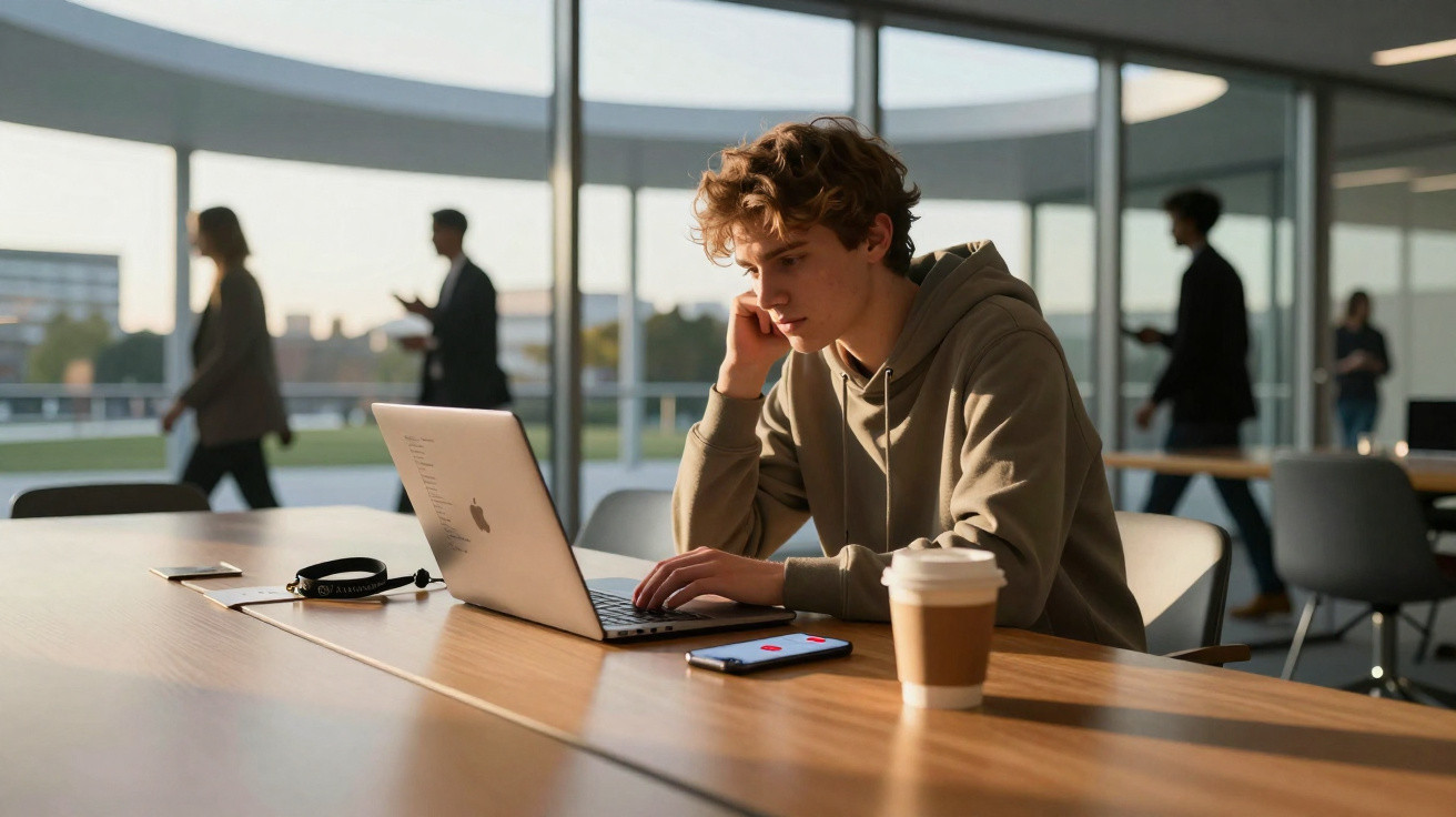 Young man in hoodie working on a laptop at a wooden table in a modern building with people walking outside.