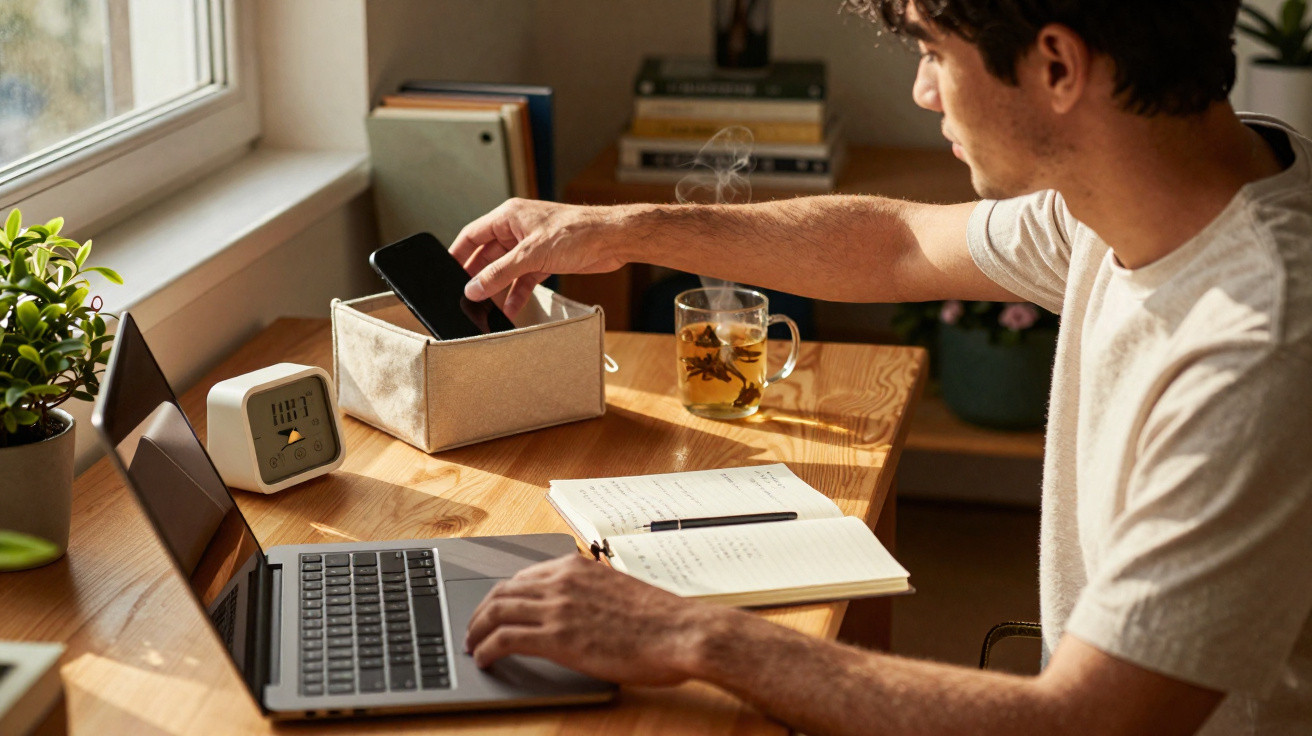 Man at desk placing smartphone in storage box beside laptop, notebook, and a cup of tea by a window