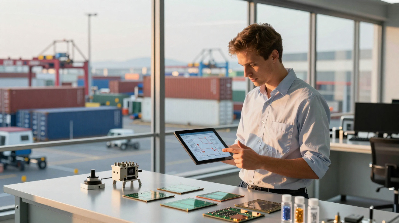 Engineer in light shirt using tablet to review electronic circuit boards on a lab table by large windows.