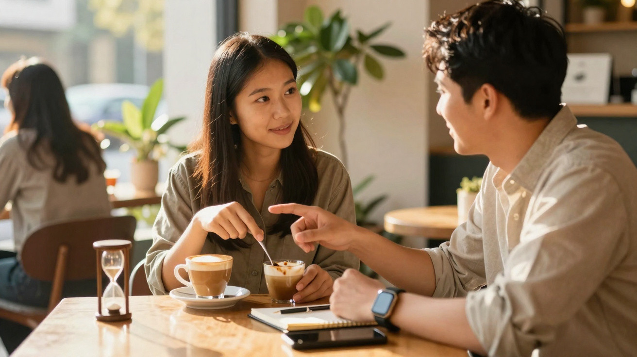 Two people engaged in conversation over coffee at a sunlit café table with a notebook and hourglass.