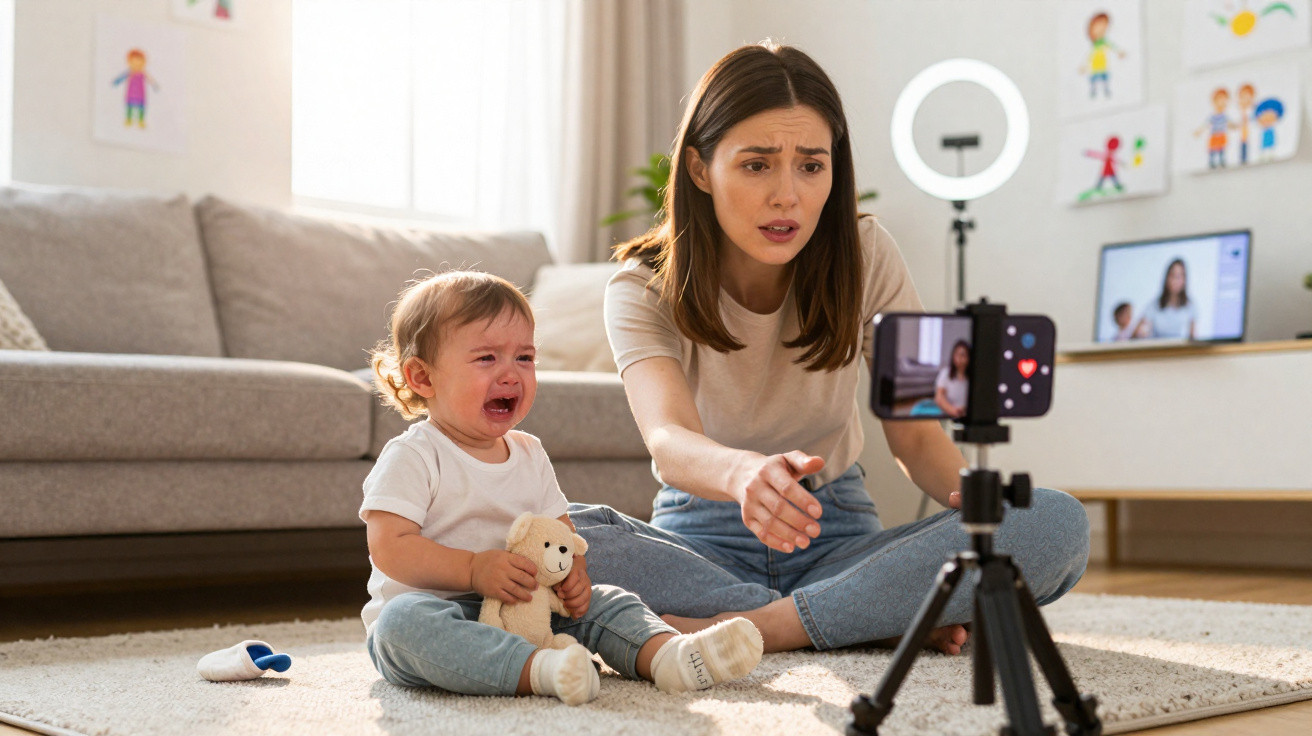 Frustrated woman with crying toddler recording a video at home using smartphone on tripod and ring light.