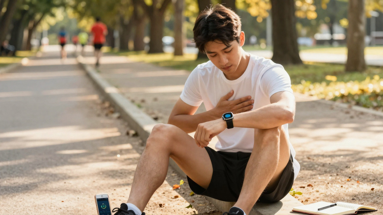 Young man sitting on ground in park, checking smartwatch with hand on chest, surrounded by exercise gear.