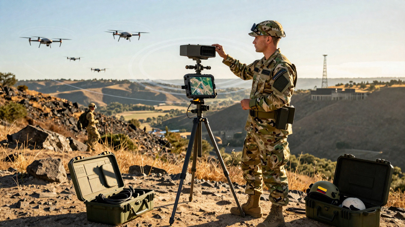 Soldier operating a drone control system on a tripod with flying drones over a mountainous landscape.