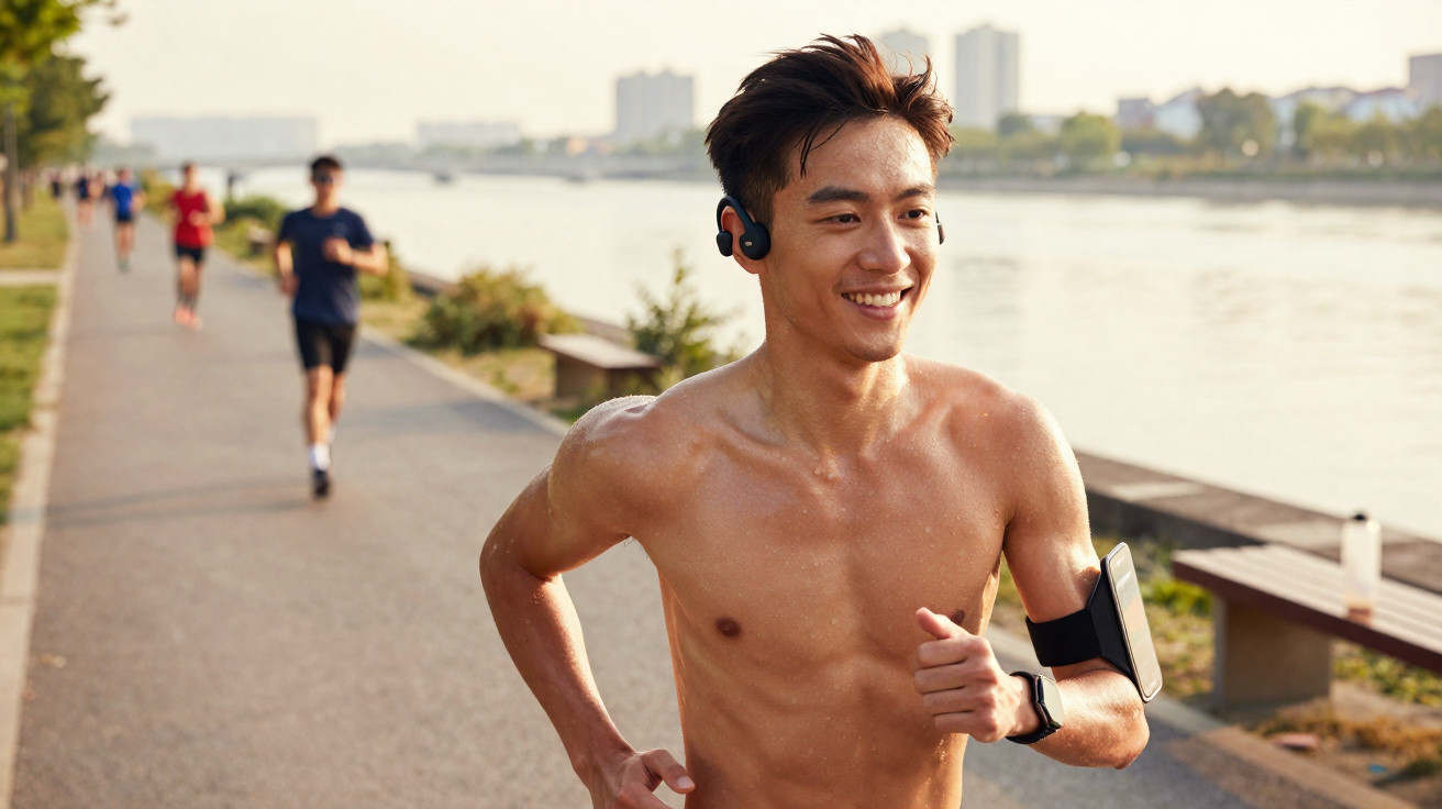Shirtless young man jogging along riverside path wearing earphones and a fitness tracker with others running behind.