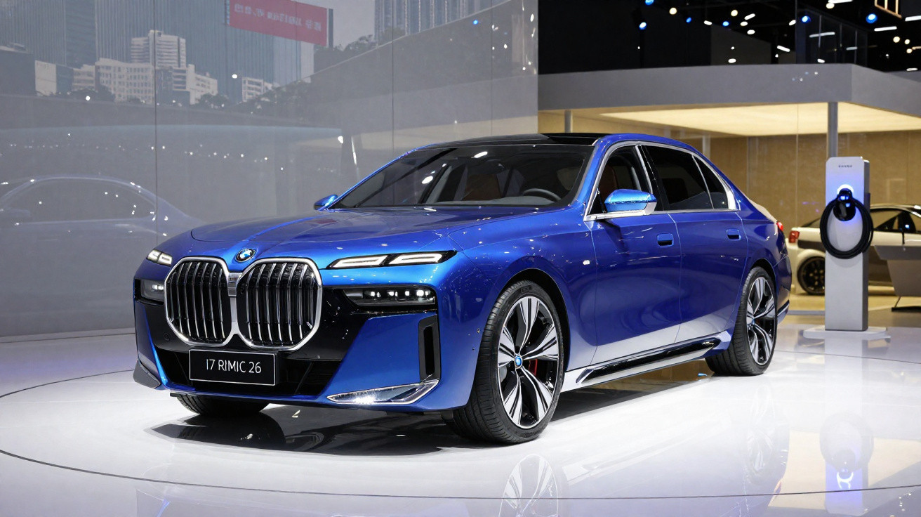 Blue luxury BMW electric sedan displayed indoors with charging station and cityscape background.