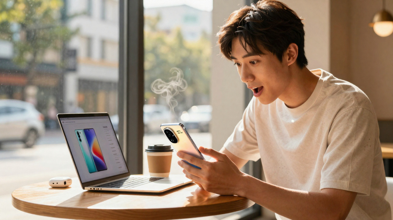 Young man in white t-shirt excitedly looking at smartphone while sitting at wooden table with laptop and coffee cup.