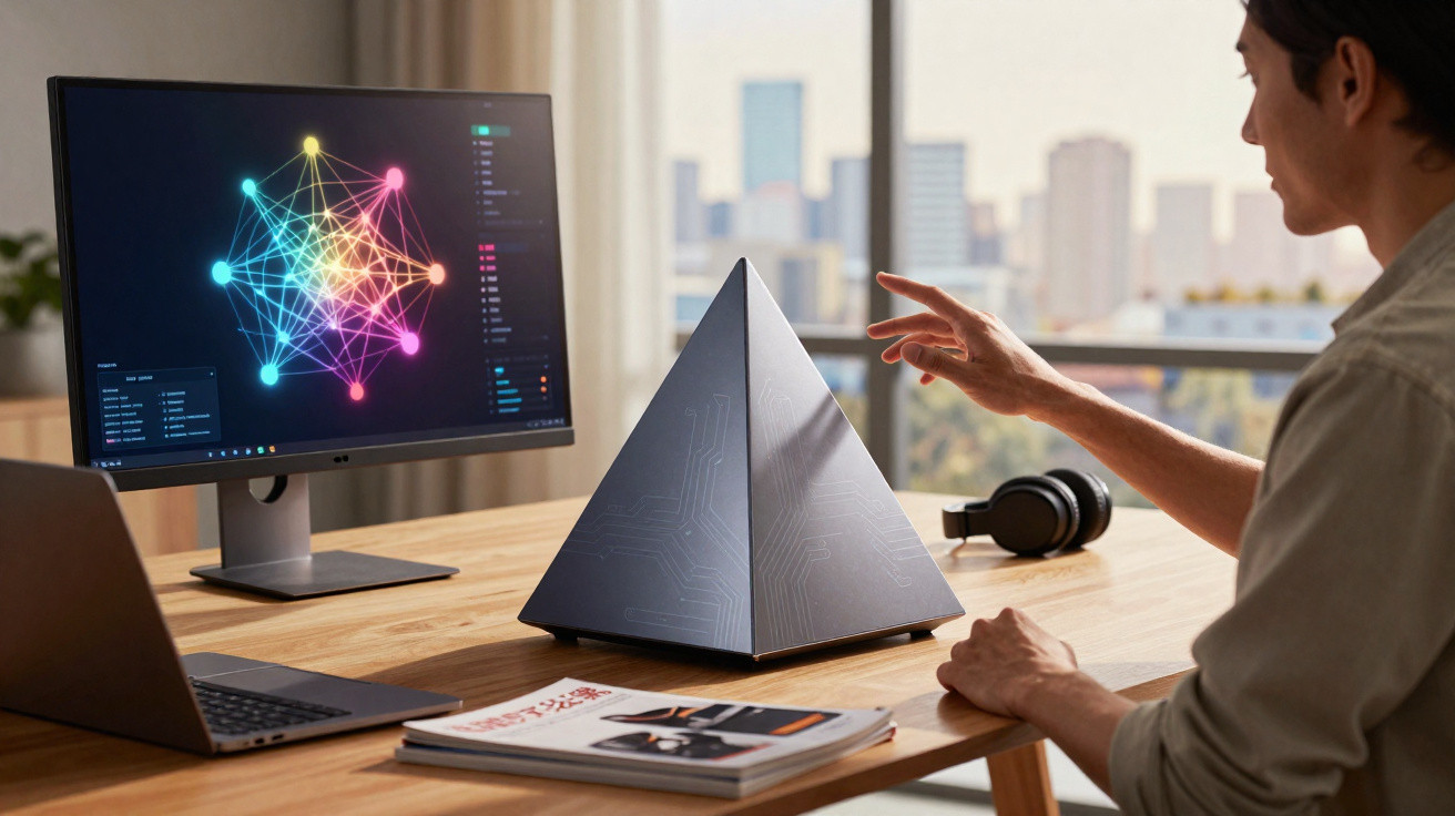 Person interacting with a black pyramid-shaped device on a desk with a laptop and monitor displaying a colourful neural netwo