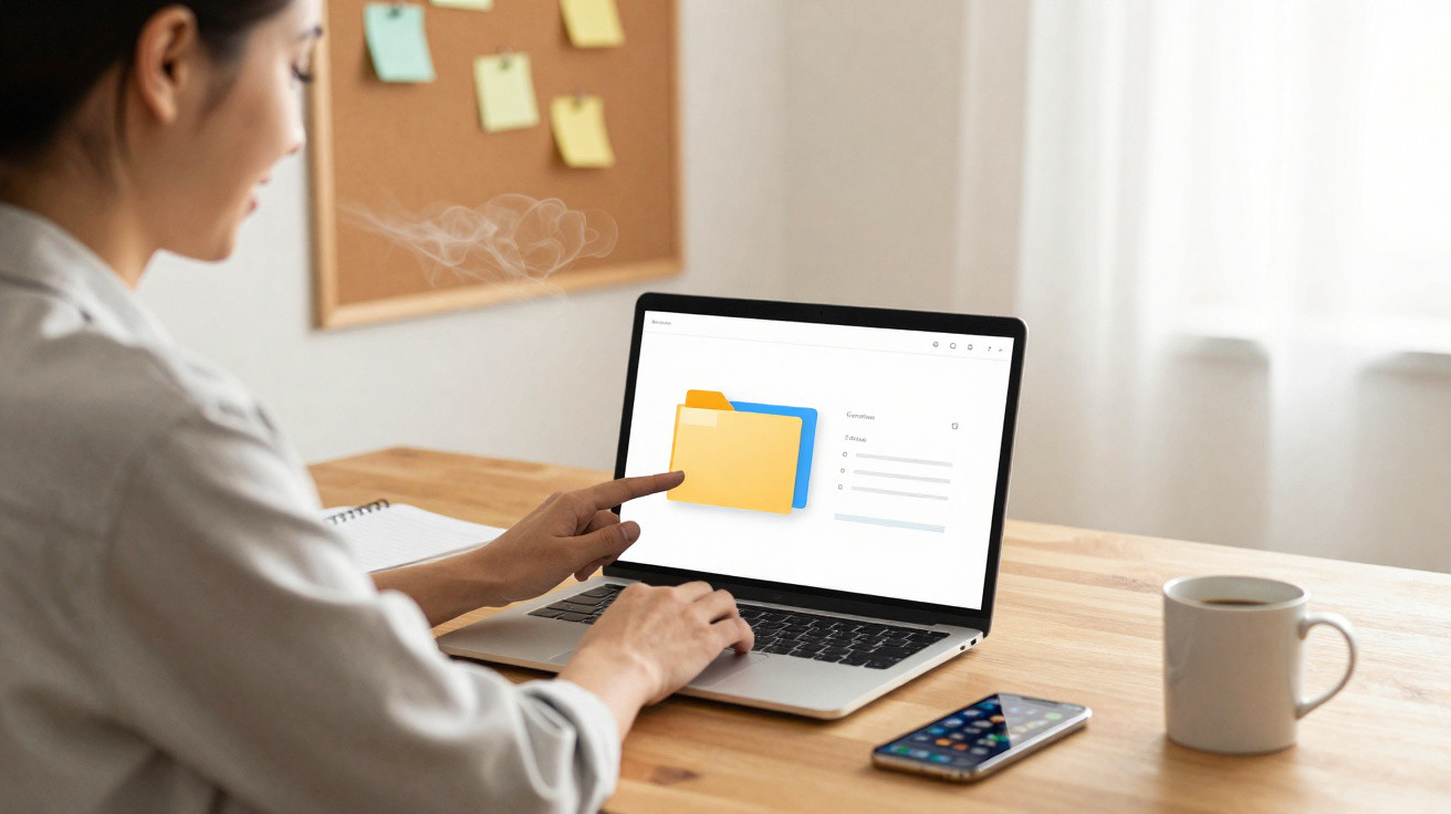 Person using a laptop with digital folder icons on screen, a smartphone and a mug on the wooden desk.