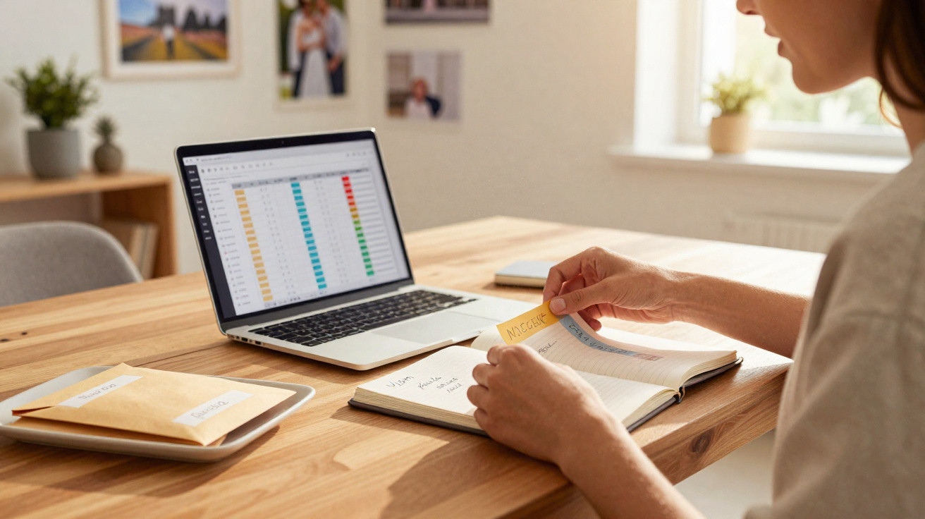 Person organising notes with labelled files and laptop showing a colourful spreadsheet on a wooden table