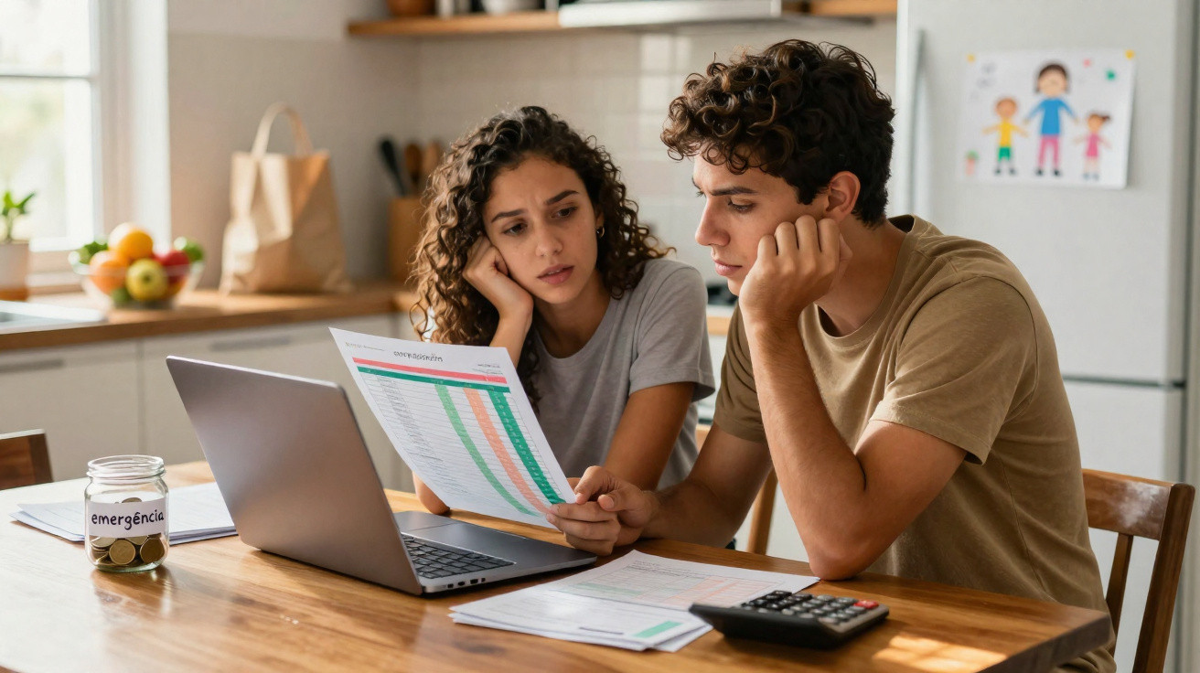 Young couple looking stressed while reviewing bills and finances at home kitchen table with laptop and calculator.