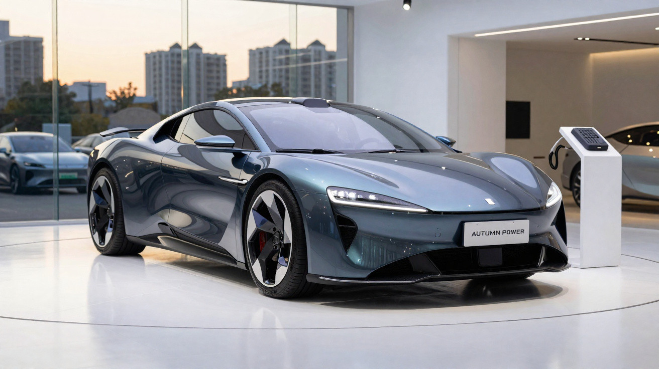 Sleek blue electric sports car displayed indoors next to a charging station with city buildings in the background.