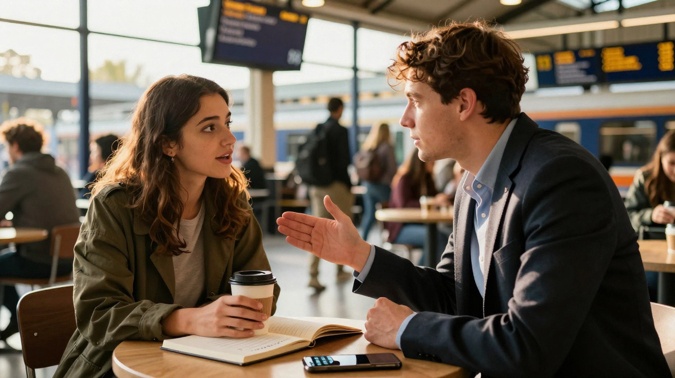 Two people engaged in conversation at a table in a busy train station café with a coffee cup and notebook.