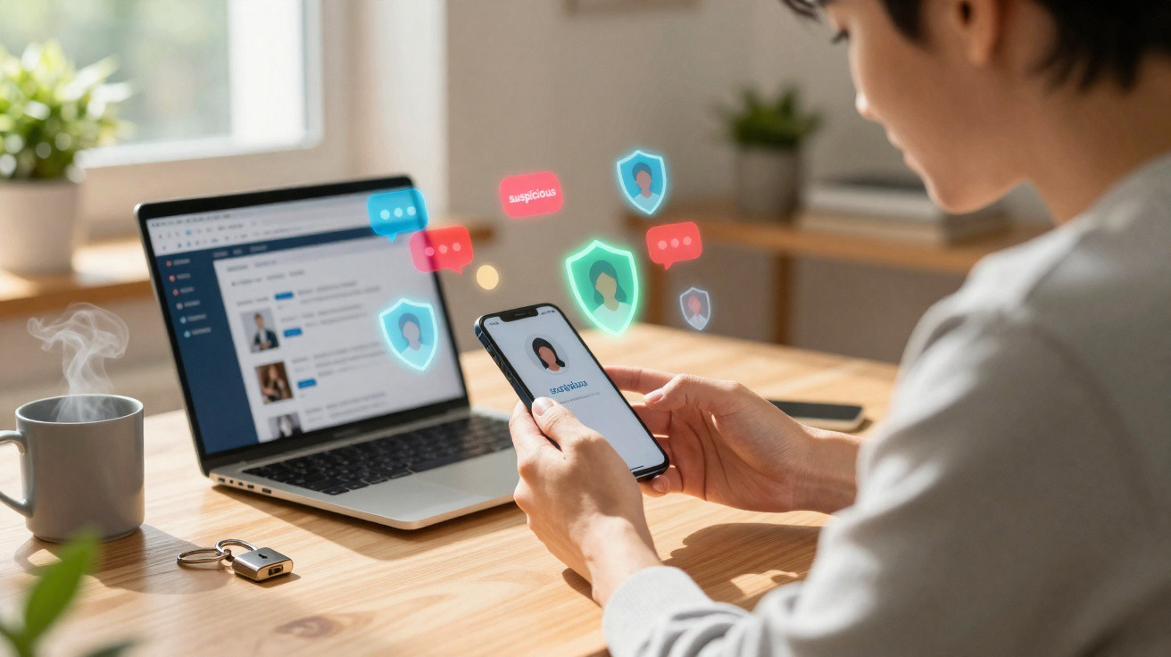 Person using a smartphone and laptop with digital security icons and warnings floating above the devices.