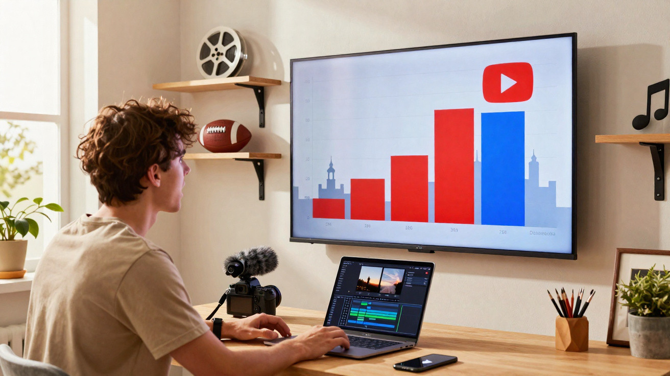 Young man editing video on laptop with YouTube analytics displayed on wall-mounted screen in bright workspace