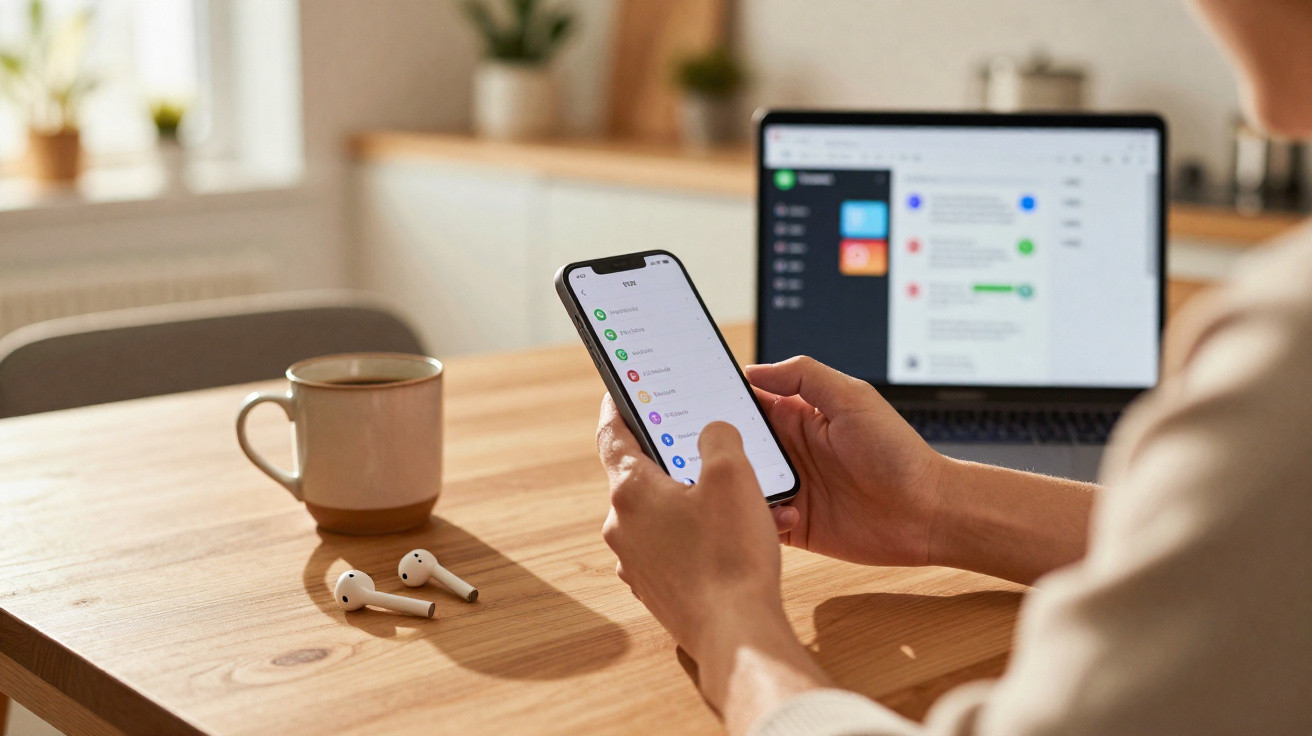 Person using a smartphone with a messaging app open, a laptop and a mug on a wooden desk nearby.
