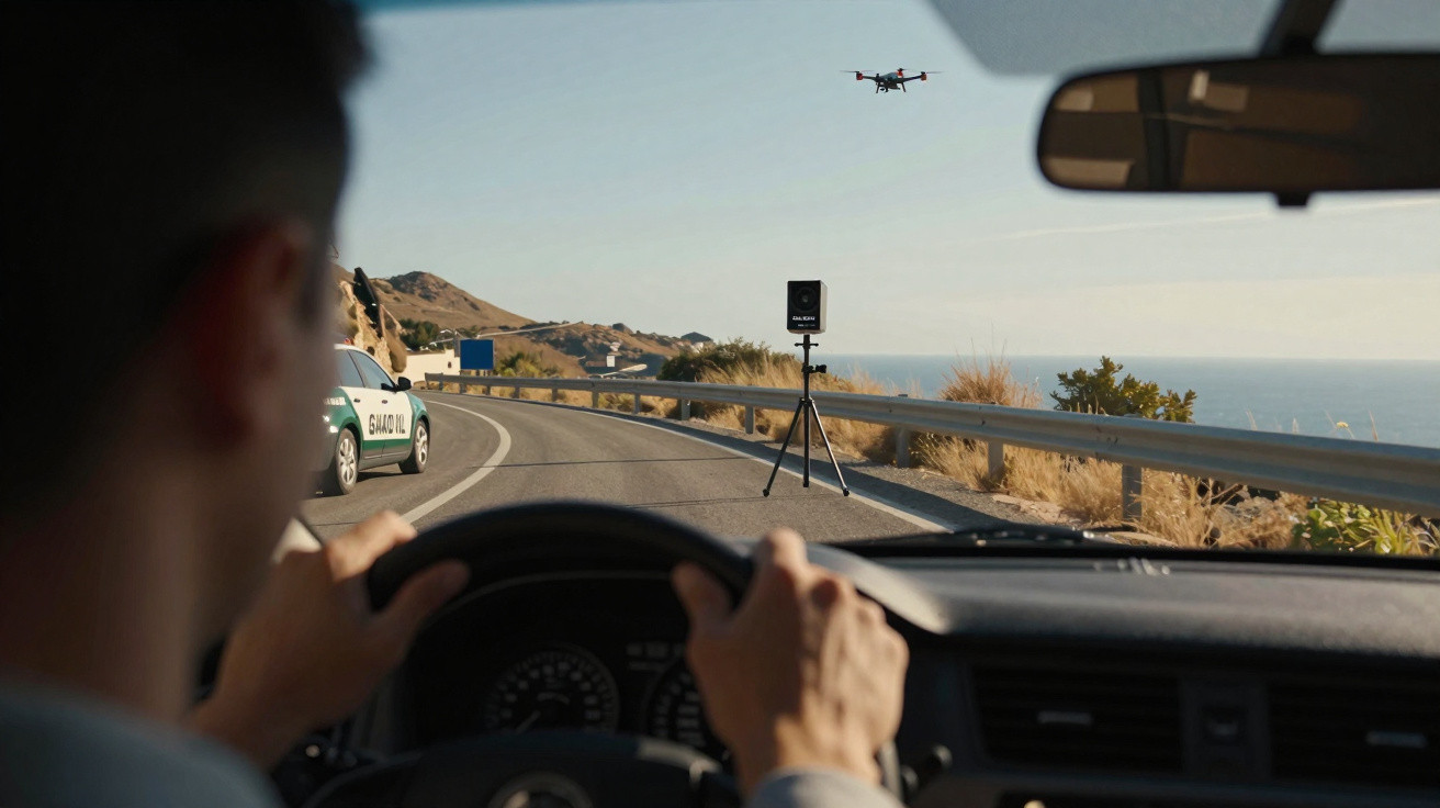 Driver’s view of a coastal road with a drone flying near a speed camera tripod and a police car ahead.