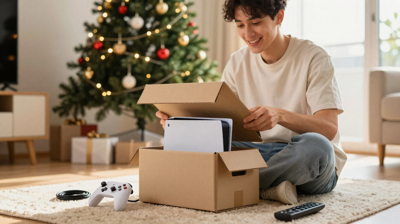 Young man unboxing a new gaming console near Christmas tree in a festive living room.
