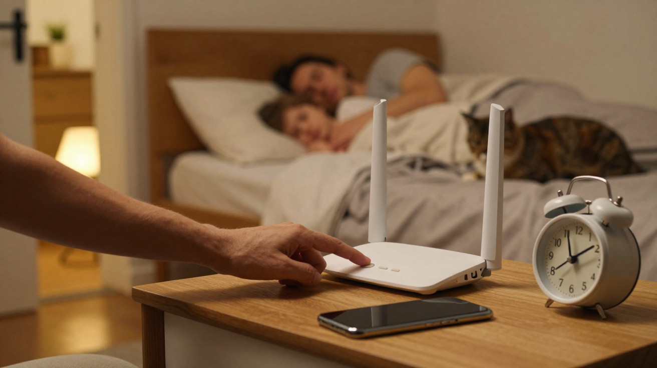Hand turning off a Wi-Fi router on a bedside table with a phone and alarm clock, couple and cat sleeping in bed.
