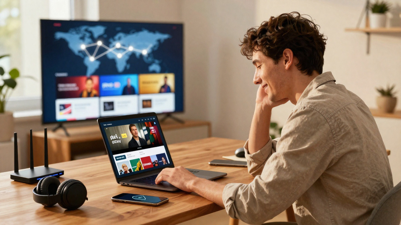 Young man using laptop at wooden desk with smartphone, headphones, and TV displaying digital content in background