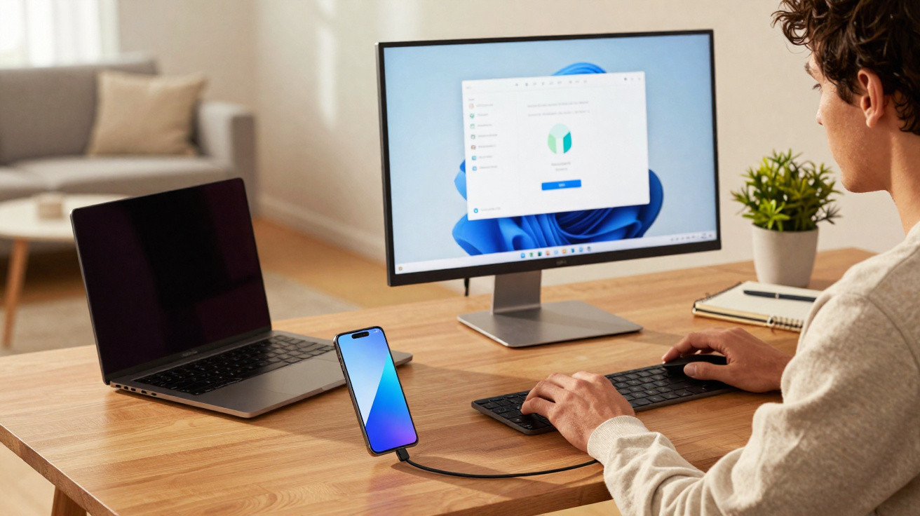 Person working at desk with desktop monitor, laptop, and smartphone connected by cable in a home office setting.