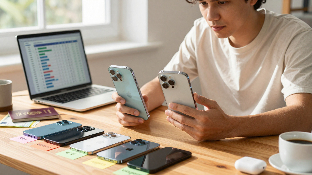 Person comparing two smartphones at a table with several other smartphones, a laptop, and coffee mug nearby.