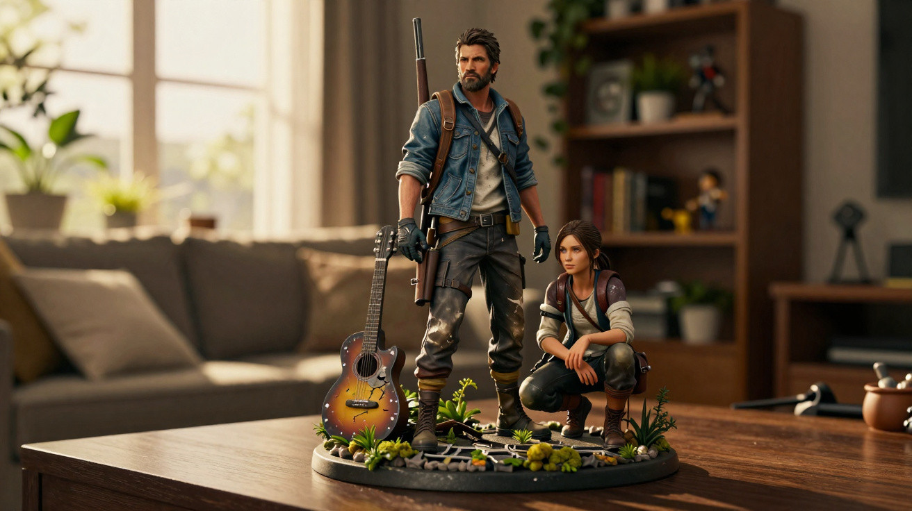 Figurines of a man with a rifle and a crouching girl next to an acoustic guitar on a wooden table indoors.