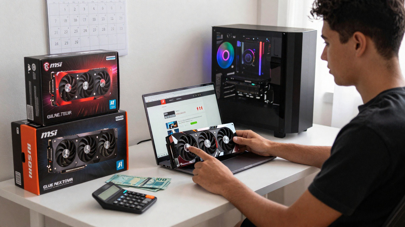 Person sitting at a desk assembling a computer with graphics card boxes, a laptop, calculator, and money nearby.