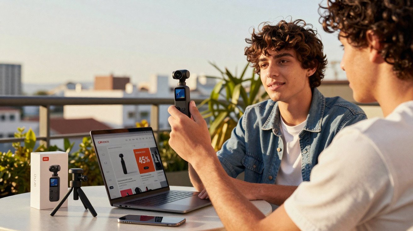 Two young men sit outdoors with a laptop and small camera, one holding the camera while they discuss.