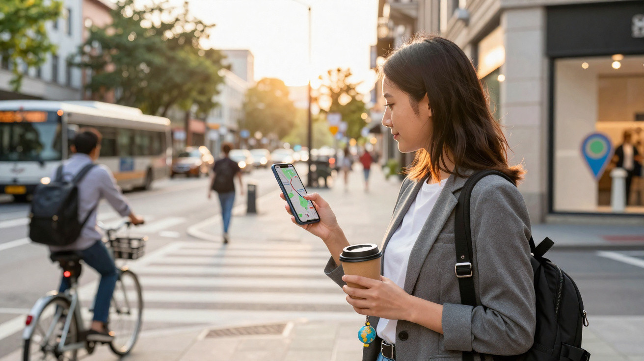 Woman in grey blazer holding coffee and using smartphone with map app at city street crossing at sunset